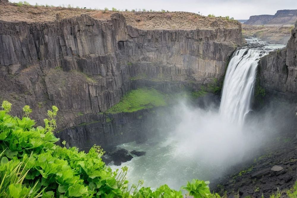 Waterfall over dark basalt cliffs in the southern Idaho high desert